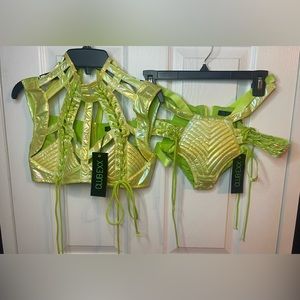 Club Exx - Rude Awakening Lace Up rave outfit - Size XS - Lime Green -Dolls kill